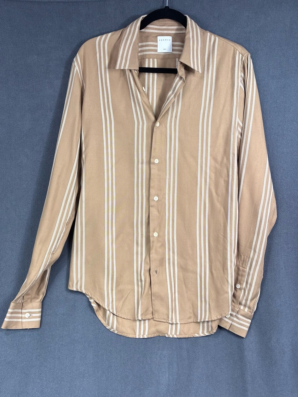 Sandro Beige and White Striped Long-Sleeve Button-Down Shirt